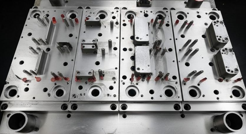 Placa metálica con múltiples ranuras y componentes para ensamblaje industrial.