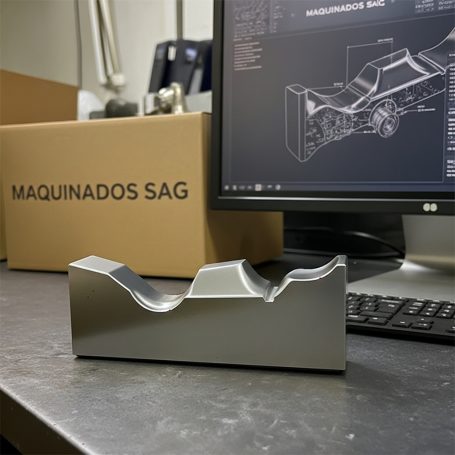 Prototipo de pieza mecanizada junto a una computadora y una caja de MAQUINADOS SAG.
