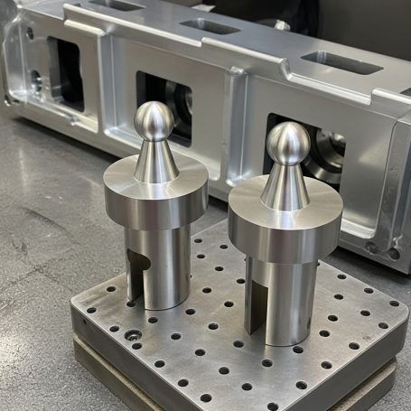 Dos piezas metálicas cilíndricas pulidas, colocadas sobre una base con orificios.