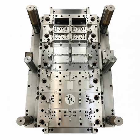 Molde de metal con varios compartimentos y perforaciones, usado en procesos de fabricación.